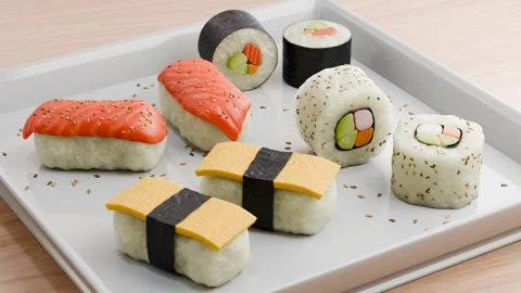 Different types of sushi on a white plate, 3D animation Stock Footage 289471430