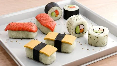 Different types of sushi on a white plate closeup, 3D models Stock Illustration