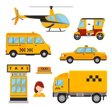 Different types of taxi transport. Cars, helicopter, van truck, bike and Stock Illustration