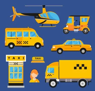 Different types of taxi transport. Cars, helicopter, van truck, bike and Stock Illustration