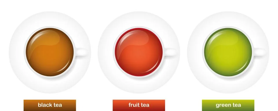 Different types of tea black fruit and green tea in white cups Illustrazione stock