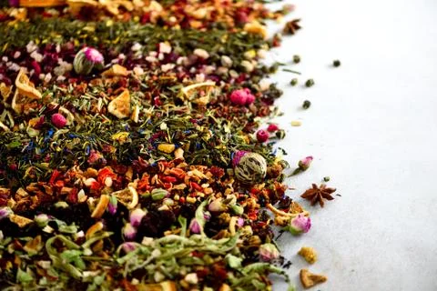 Different types of tea: green, black, floral, herbal, mint, melissa, rose Stock Photos