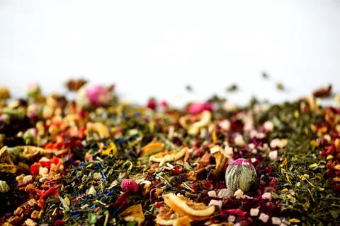 Different types of tea: green, black, floral, herbal, mint, melissa, rose Stock Photos