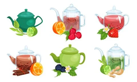 Different Types of Tea Poured in Various Teapots Made of Different Materials Illustrazione stock