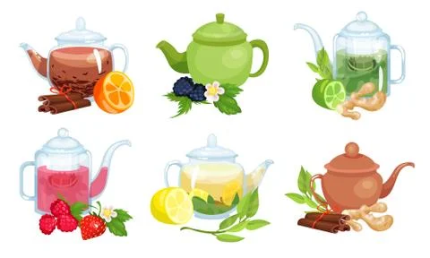 Different Types of Tea Poured in Various Teapots Made of Different Materials Illustrazione stock