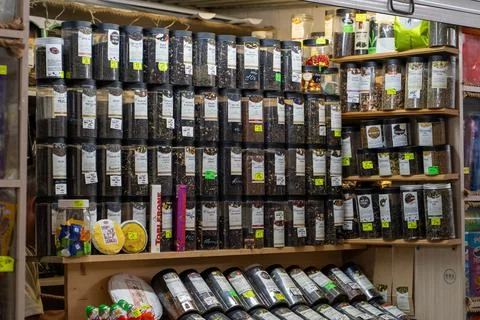 Different types of tea is sold at the tea shop. Minsk, Belarus - July 21, 2026 Stock Photos