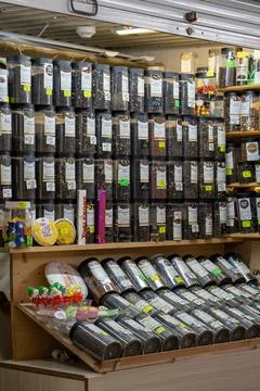 Different types of tea is sold at the tea shop. Minsk, Belarus - July 21, 2026 Stock Photos