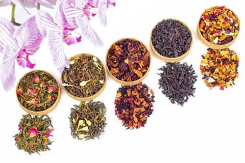 Different types of tea on a white background. a kind of delicious tea, fruit  Stock Photos