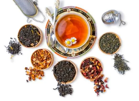 Different types of tea on a white background. a kind of delicious tea, fruit  Stock Photos
