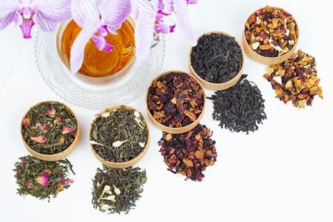 Different types of tea on a white background. a kind of delicious fruit tea. Stock Photos