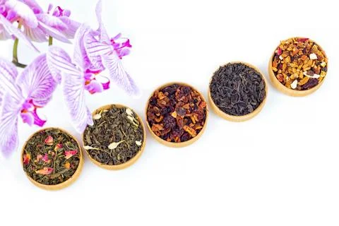 Different types of tea on a white background. a kind of delicious fruit tea. Stock Photos