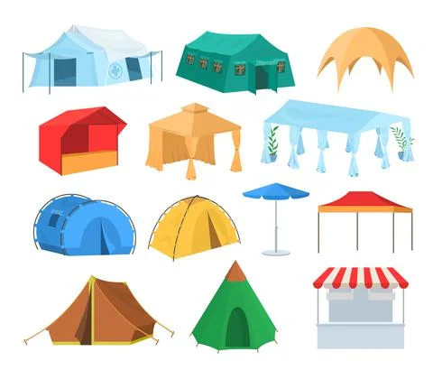 Different types of tents, flat vector illustration. Tourist, market store, cafe Stock Illustration