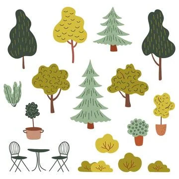 Different types of trees, bushes, decorative potted plants, garden furniture Stock Illustration