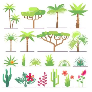 Different types of tropical plants, trees, flowers flat vector collection Illustrazione stock
