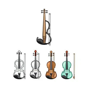 Different types of violins and bows string instruments Ilustración de archivo
