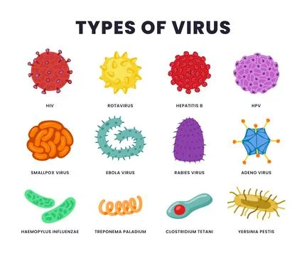 Different types of Virus set collection, Biology science research for epide.. Stock Illustration