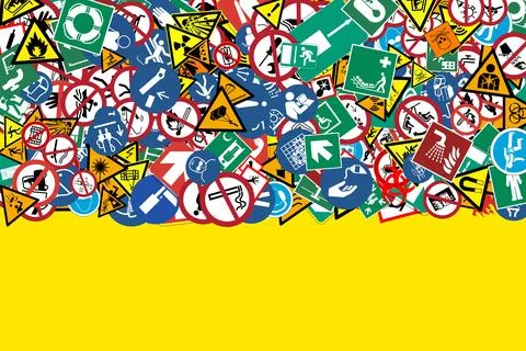 Different types of warning signs and safety signs and the space below for c.. 库存插图