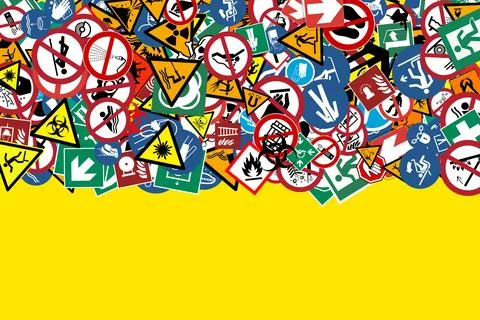 Different types of warning signs and safety signs and the space below for c.. 库存插图