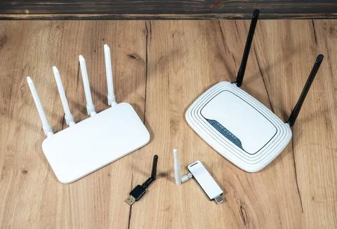 Different types of Wi-Fi routers, modern and old technology. Wireless ether.. Stockfoto's