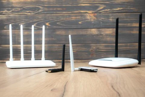 Different types of Wi-Fi routers, modern and old technology. Wireless ether.. 스톡 사진