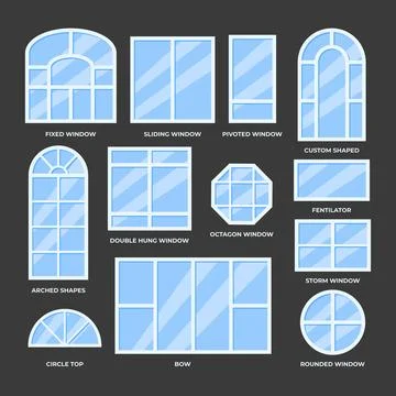 Different types of window types set collection, or interior and exterior us.. Stockillustratie