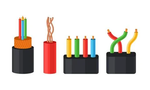 Different Types Of Wire Electrical Cables Vector Illustration Set Stock Illustration