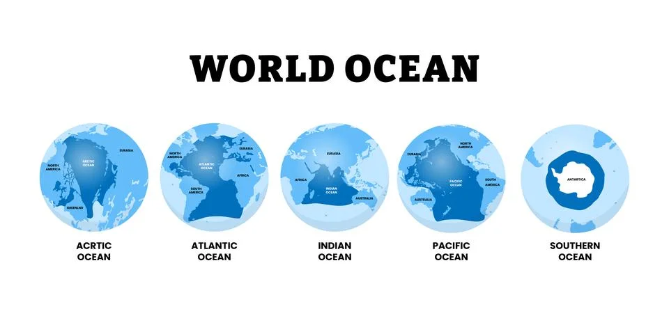 Different types of world ocean type. Five globes depicting continents and a.. Stock Illustration
