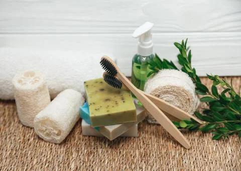 Different types of zero waste - sponges, toothbrush, handmade soap Stock-Fotos