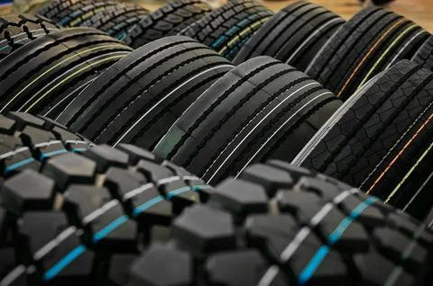 Different tyres with marking lines Foto stock