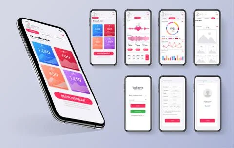 Different UI, UX, GUI screens fitness app and flat web icons for mobile apps, Stock Illustration