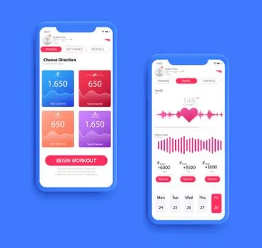Different UI, UX, GUI screens fitnes app and flat web icons for mobile apps,  Stock Illustration