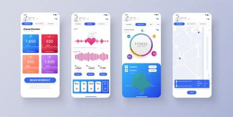 Different UI, UX, GUI screens fitness app and flat web icons for mobile apps, Illustrazione stock