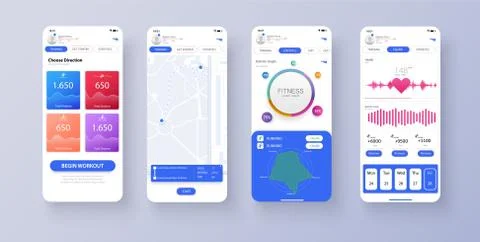 Different UI, UX, GUI screens fitness app and flat web icons for mobile apps, Illustrazione stock
