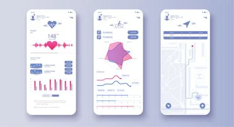 Different UI, UX, GUI screens fitness app and flat web icons for mobile apps Stock Illustration