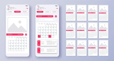 Different UI, UX, GUI screens calendar app and flat web icons for mobile apps Stock Illustration