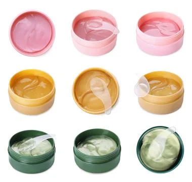 Different under eye patches in jars on white background, collage Stock Photos