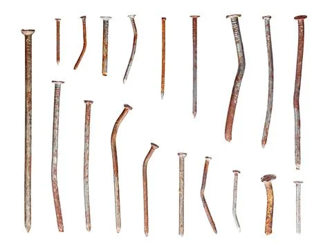 Different used rusty nails isolated on white Stock Photos