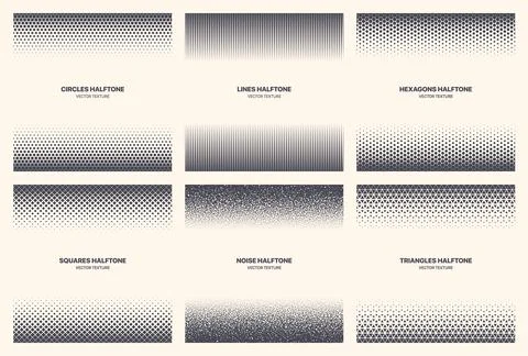 Different Variations Halftone Patterns Set Vector Borders Isolated On White Stock Illustration