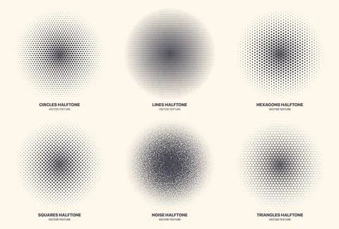 Different Variations Halftone Textures Set Vector Abstract Circular Pattern Illustrazione stock