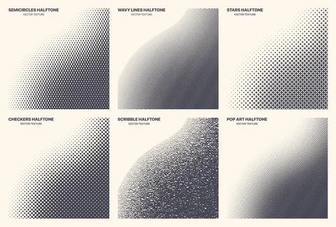 Different Variations Halftone Textures Set Vector Curved Geometric Patterns Stock Illustration