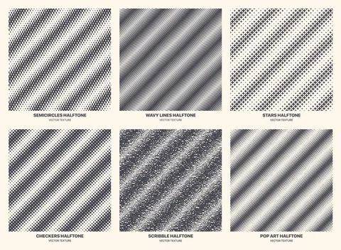 Different Variations Halftone Textures Set Vector Striped Geometric Pattern Stock Illustration
