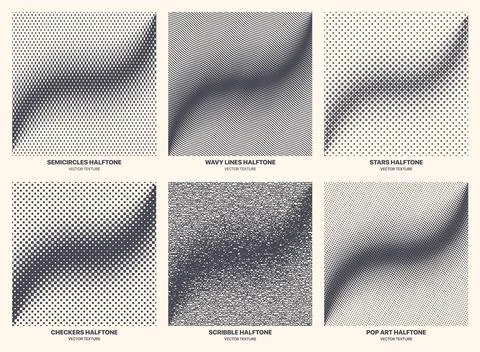 Different Variations Halftone Textures Set Vector Curved Line Geometric Patterns Stock Illustration