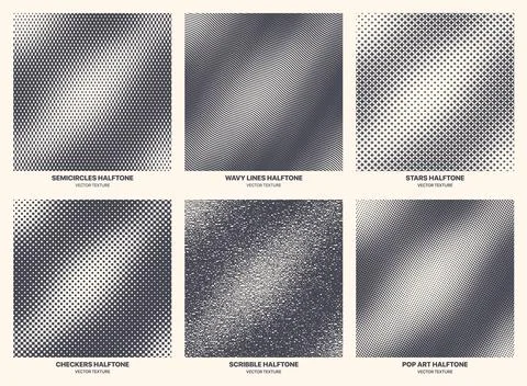 Different Variations Halftone Textures Set Vector Warped Geometric Patterns Stock Illustration