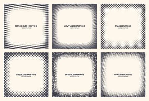Different Variations Modern Halftone Pattern Vector Frames Set Isolated On White Stock Illustration
