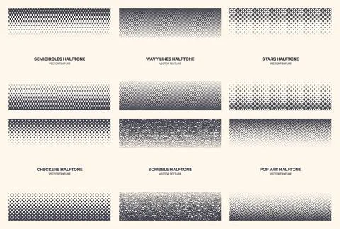 Different Variations New Halftone Textures Vector Patterns Set Isolated On White Illustrazione stock