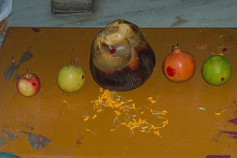 Different varieties of fruit offerings during hindu puja festival Stock Photos