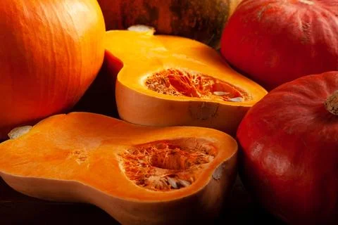 Different varieties of pumpkins on a dark background 스톡 사진