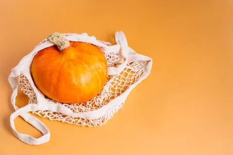 Different varieties of Pumpkins in mesh bag of fabric on orange background Stock Illustration