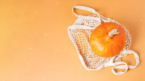 Different varieties of Pumpkins in mesh bag of fabric on orange background Stock Illustration