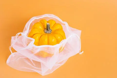 Different varieties of Pumpkins in mesh bag of fabric on orange background Stock Illustration